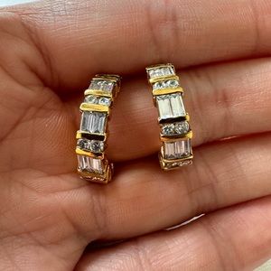 Gold Plated Baguette Cut Cubic CZ half hoop stud earrings